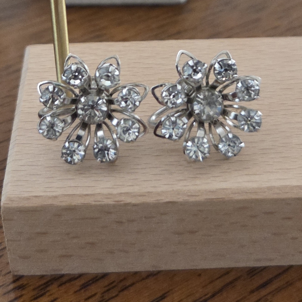 Signed Bugbee & Niles (B.N.) Vintage Rhinestone Sunburst Earrings Screwback